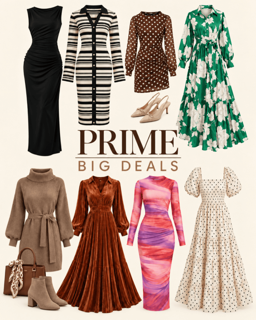 A grid of Prime Big Deal Day favorites including eight women’s dresses and a pair of heels arranged around the text “PRIME BIG DEALS,” such as a black midi dress, a striped cardigan dress, a brown polka-dot dress, and a green floral maxi dress.