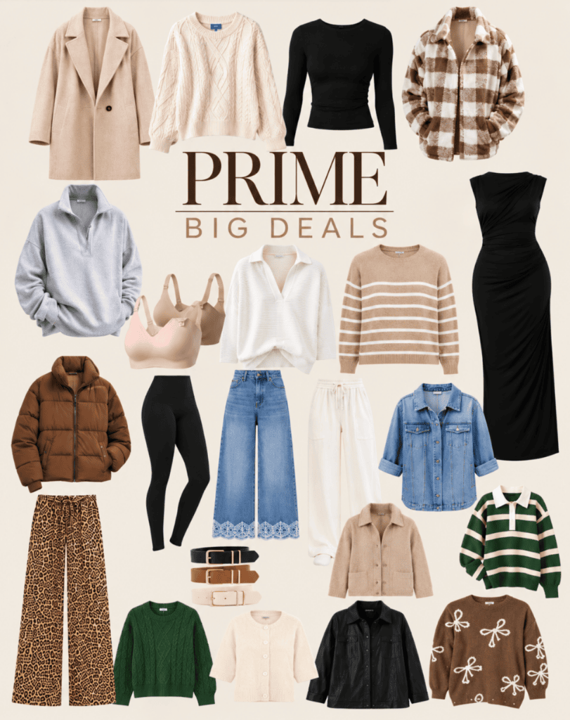 A collection of women’s clothing items, including sweaters, jackets, denim jeans, a black maxi dress, and three belts, arranged around the text “Prime Big Deals” to highlight Prime Big Deal Day favorites.