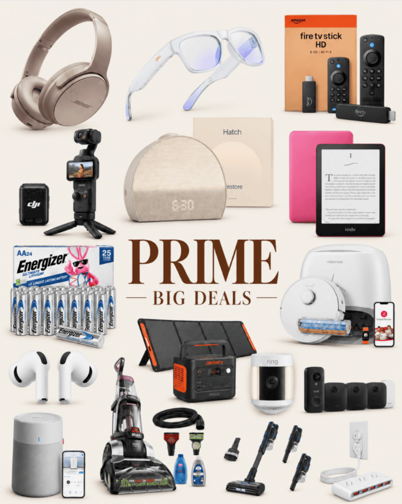 A collage of Prime Big Deal Day favorites, including headphones, a smart alarm clock, an e-reader, batteries, a robot vacuum, a portable power station, security cameras, a vacuum cleaner, and a power strip.