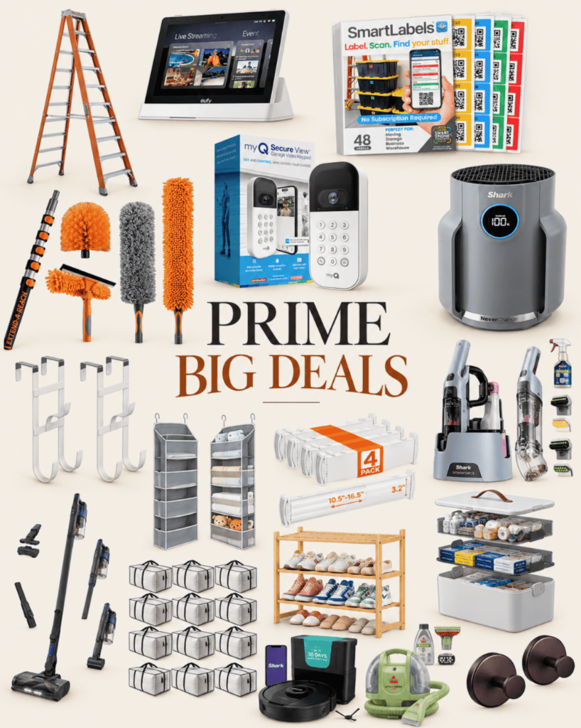 A collection of Prime Big Deal Day favorites including a ladder, vacuum cleaners, a shoe rack, storage bins, shelving, and a garage security camera.
