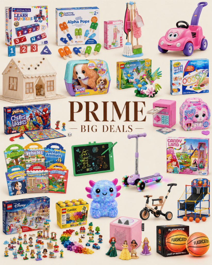 A collage of prime big deal day favorites, featuring various toys and games with the text “PRIME BIG DEALS” in the center.