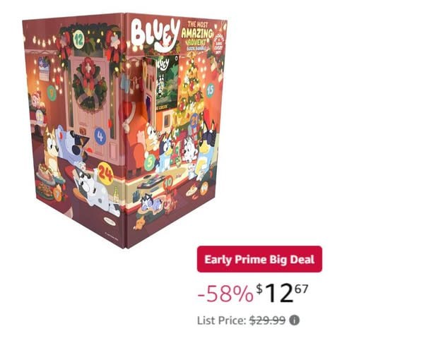 The Bluey The Most Amazing Advent Calendar with daily surprises for kids counting down to Christmas, featured in our Thursday Deals.