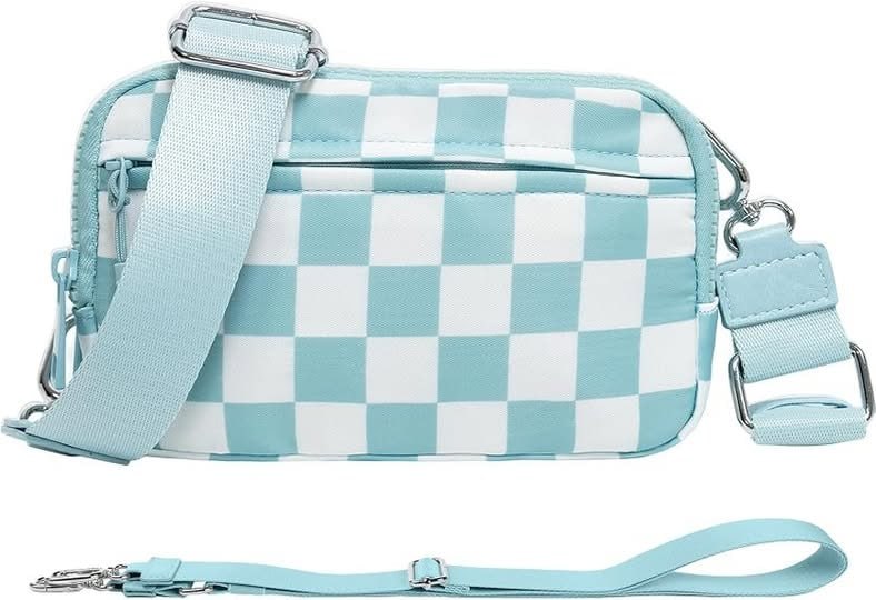 A checkered nylon wristlet wallet with a zip closure and wrist strap, featured in our Monday Deals.