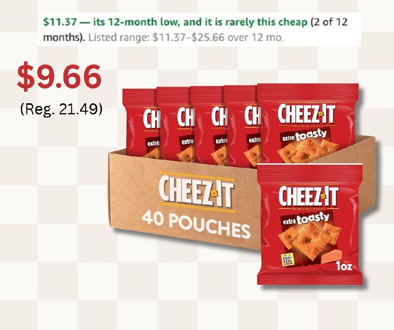 A 40-count box of Cheez-It Xtra Toasty baked snack cracker pouches featured in our Monday Deals.