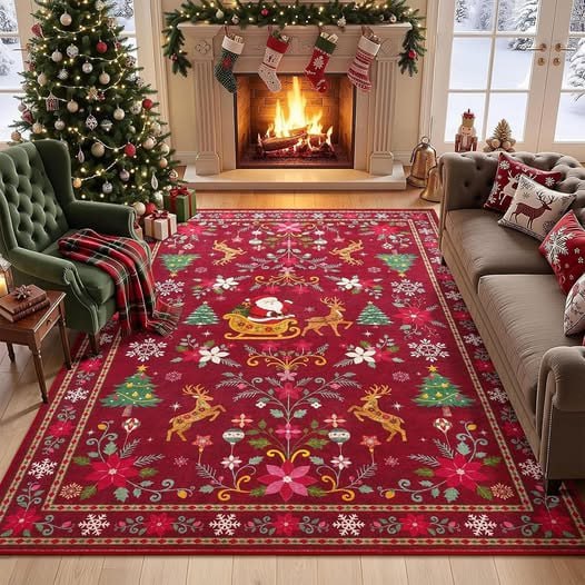 A festive Christmas area rug with a holiday print to add a seasonal touch to any room, featured in our Monday Deals.