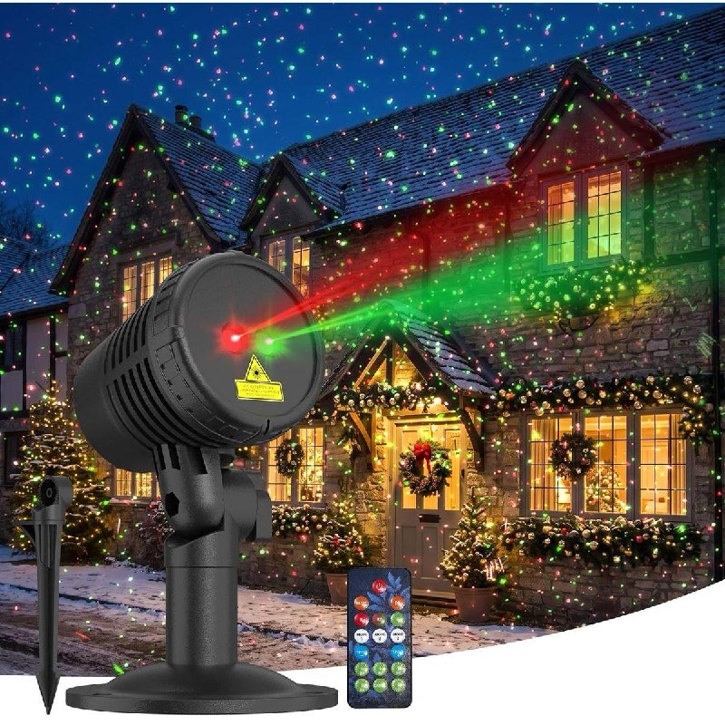 An outdoor Christmas projector light casting festive holiday patterns across the front of a house featured in our Wednesday Deals.