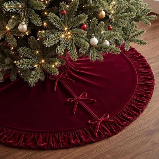 A round Christmas tree skirt spread beneath a decorated holiday tree, featured in our Thursday Deals.