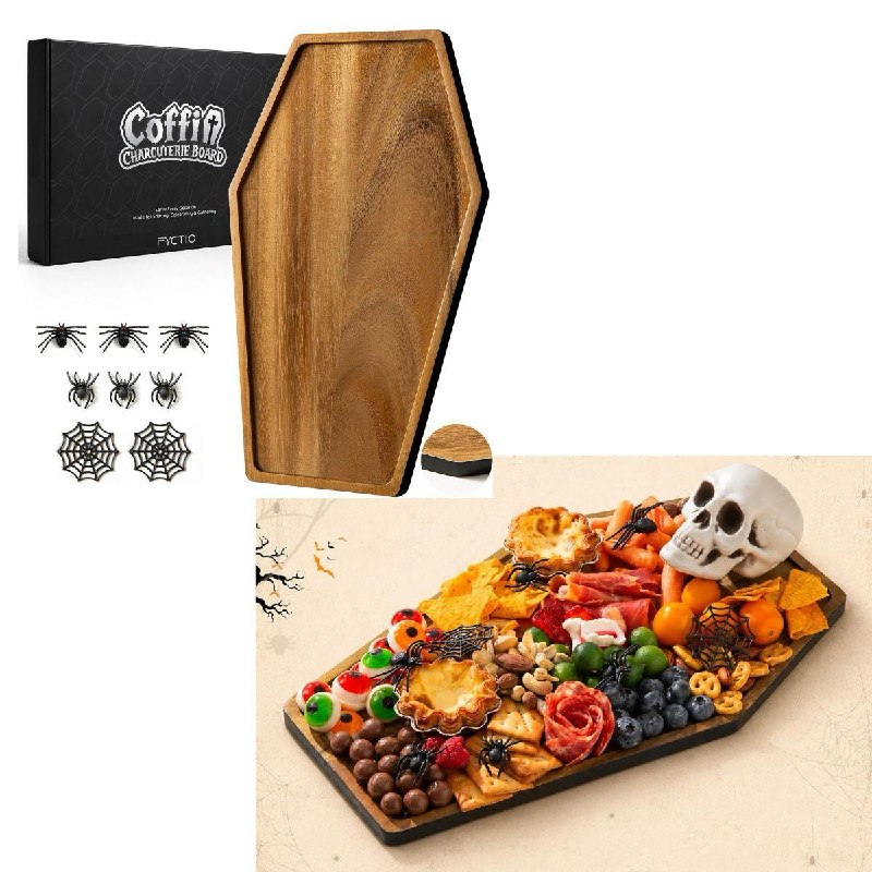 A coffin-shaped wooden charcuterie serving board for Halloween parties, featured in our Thursday Deals.