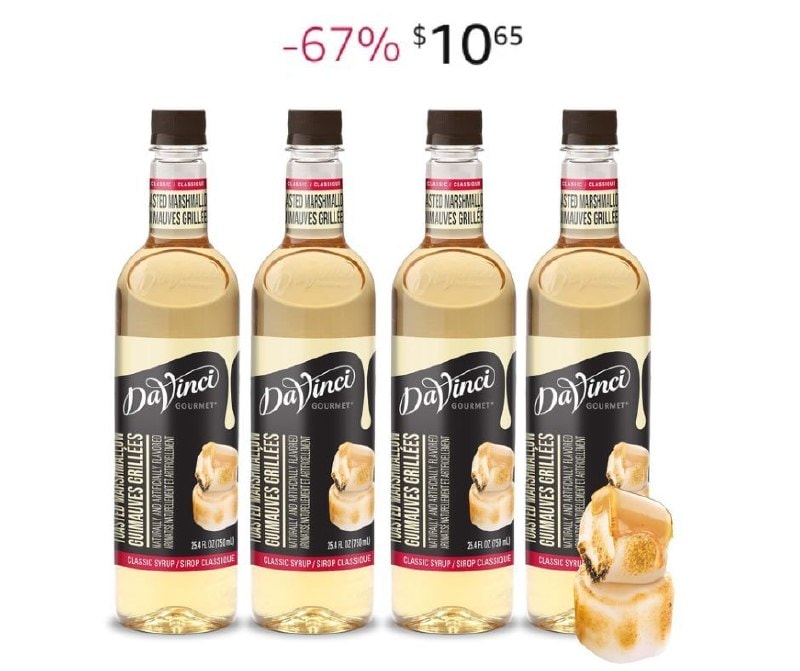 Bottles of DaVinci Gourmet toasted marshmallow sugar free coffee syrup, featured in our Tuesday Deals.