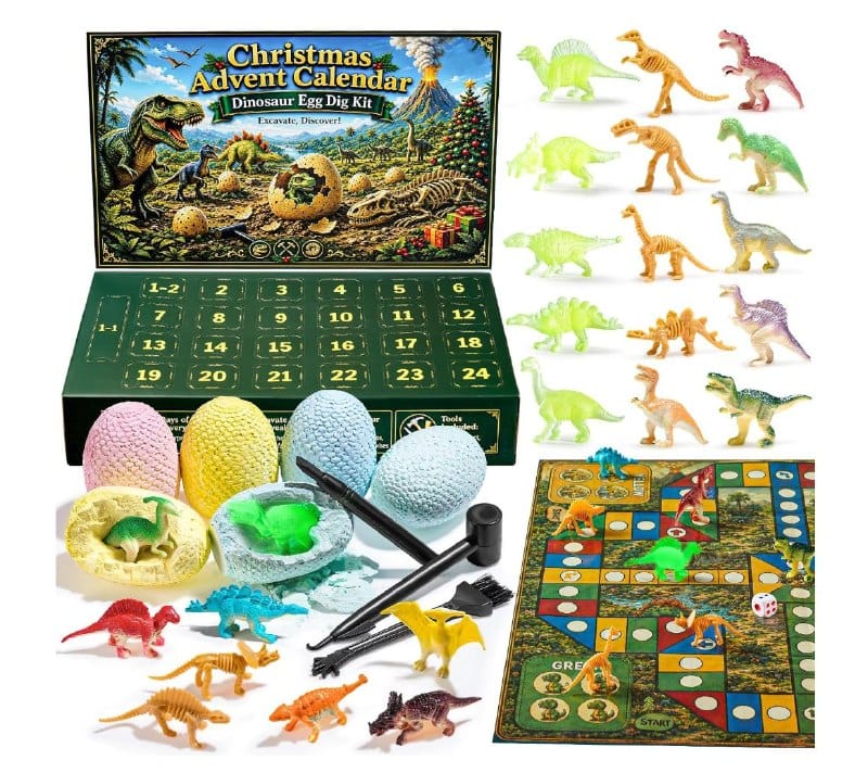 A Christmas advent calendar with 24 dinosaur dig-and-discover surprises for kids, featured in our Friday Deals.