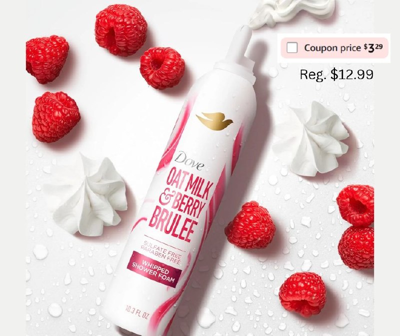 Bottle of Dove Whipped Shower Foam in Oat Milk and Berry Brulee scent featured in our Tuesday Deals.