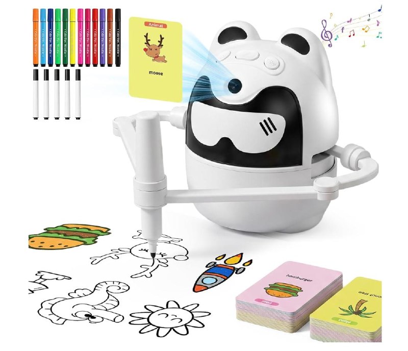 Small educational drawing robot for kids that sketches pictures with colored markers featured in our Tuesday Deals.