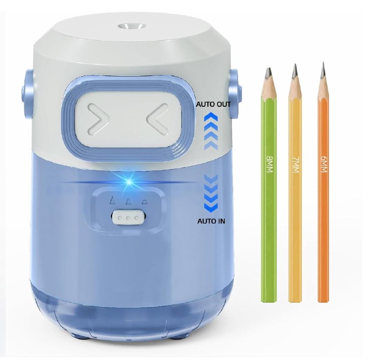 An electric pencil sharpener on a desk next to freshly sharpened pencils, featured in our Tuesday Deals.