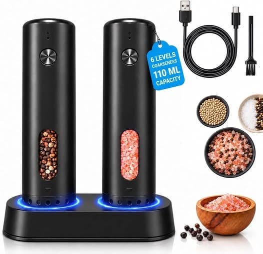 A pair of electric salt and pepper grinders that adjust coarseness at the push of a button featured in our Monday Deals.