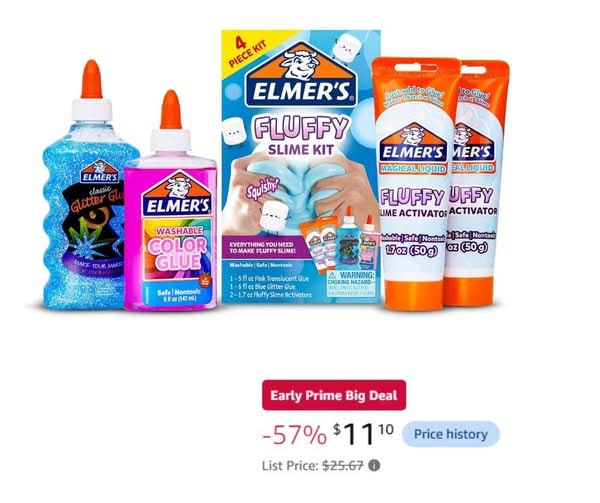 An Elmer's fluffy slime kit with colorful glue, activator and mix-ins for kids, featured in our Monday Deals.