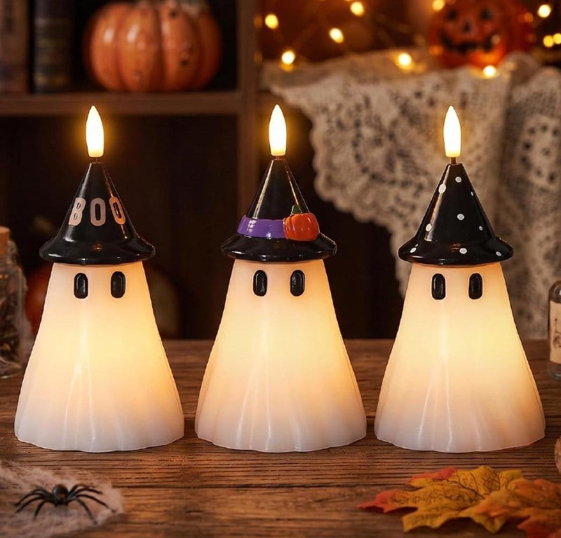 A set of flameless LED ghost candles for spooky Halloween decor, featured in our Wednesday Deals.