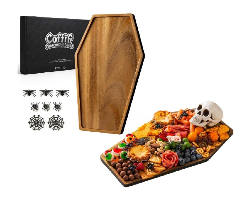 Coffin-shaped wooden Halloween charcuterie serving board for spooky party snacks, featured in our Friday Deals.