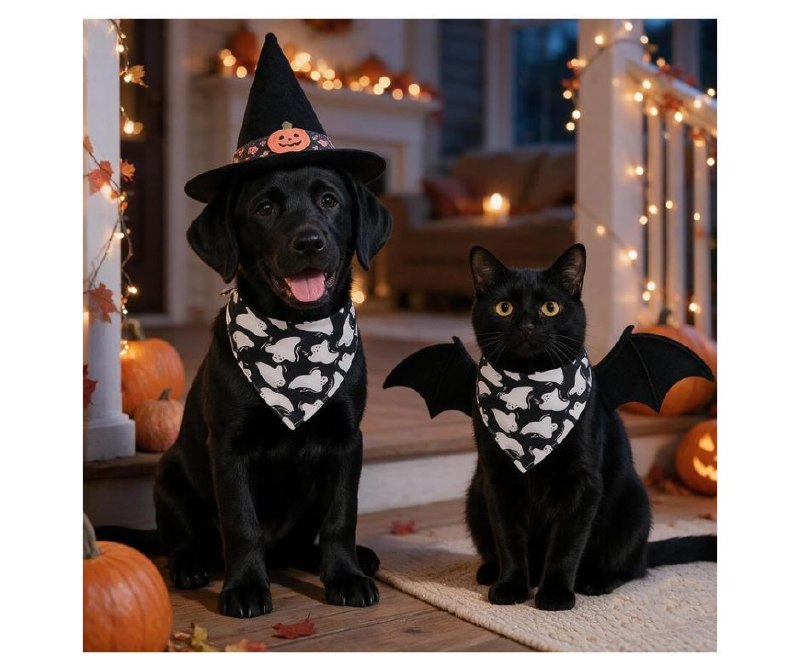 A dog wearing a festive Halloween-print bandana scarf tied around its neck, featured in our Monday Deals.
