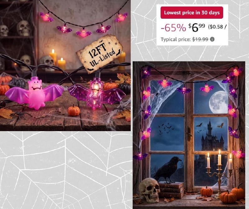 A 12-foot strand of purple Halloween bat-shaped string lights glowing in the dark featured in our Monday Deals.