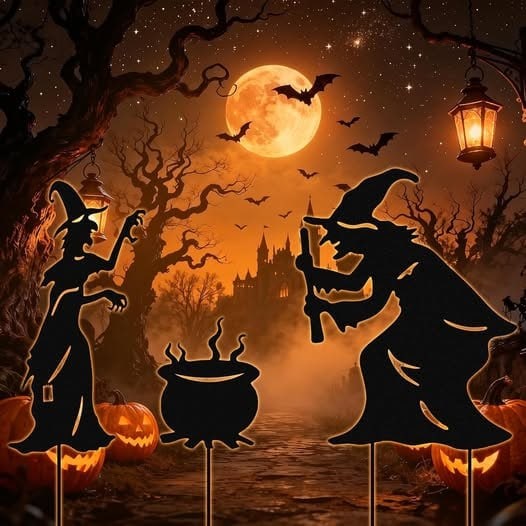 A set of spooky black witch silhouette yard stakes posed in a front lawn for outdoor Halloween decor featured in our Monday Deals.