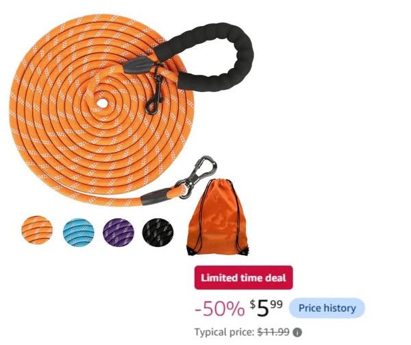 A heavy duty reflective dog leash with a padded handle for safe walks in the dark, featured in our Monday Deals.