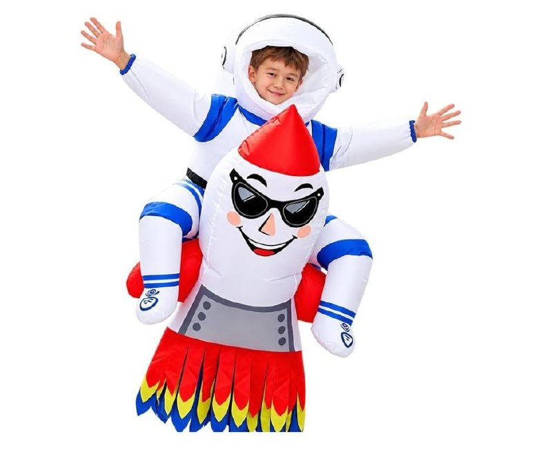 A child wearing a white inflatable astronaut costume with a helmet and space-suit details, perfect for Halloween, featured in our Monday Deals.