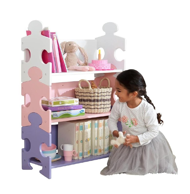 A colorful KidKraft wooden bookcase shaped like puzzle pieces for a kids room, featured in our Thursday Deals.