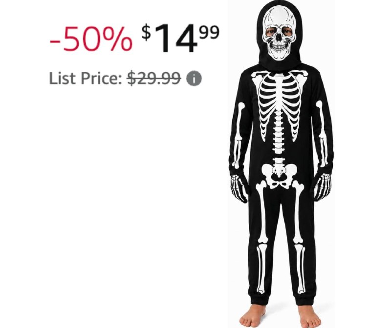 A kids' glow-in-the-dark skeleton Halloween costume, featured in our Thursday Deals.