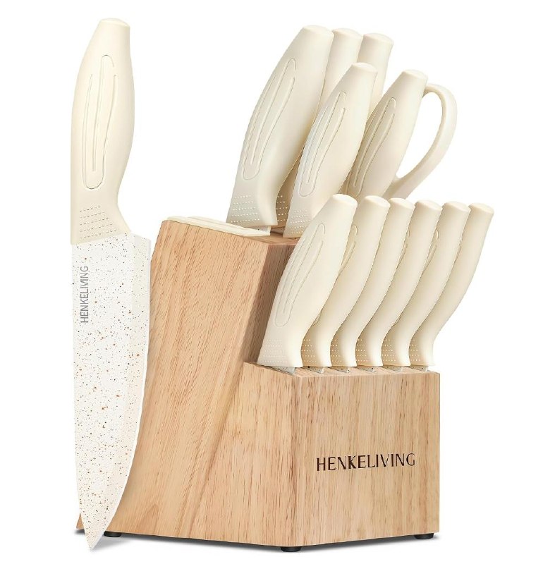 A kitchen knife set in a block with a built-in sharpener, featured in our Tuesday Deals.