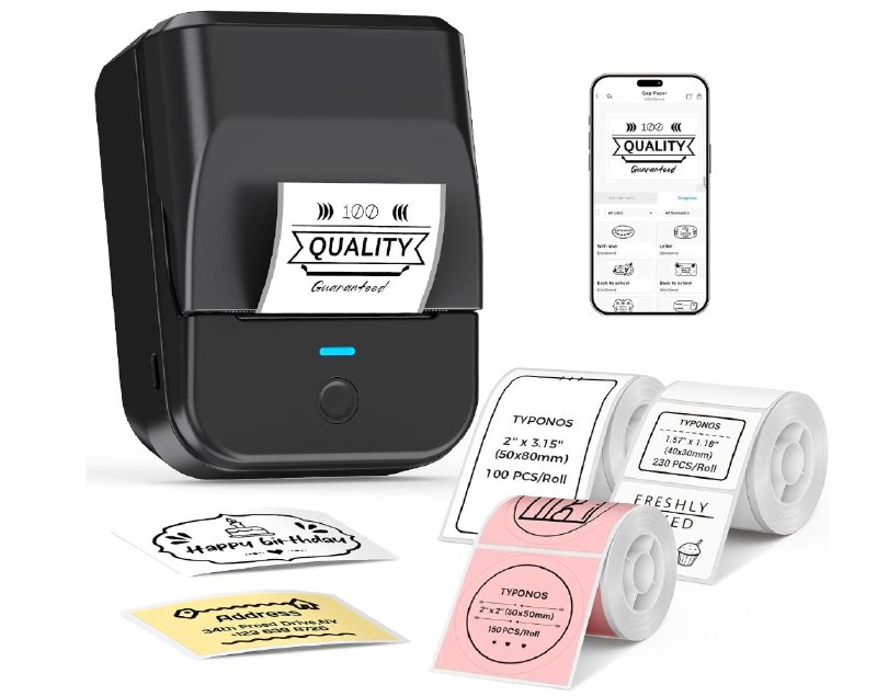 Handheld portable label maker machine printing an adhesive label featured in our Tuesday Deals.
