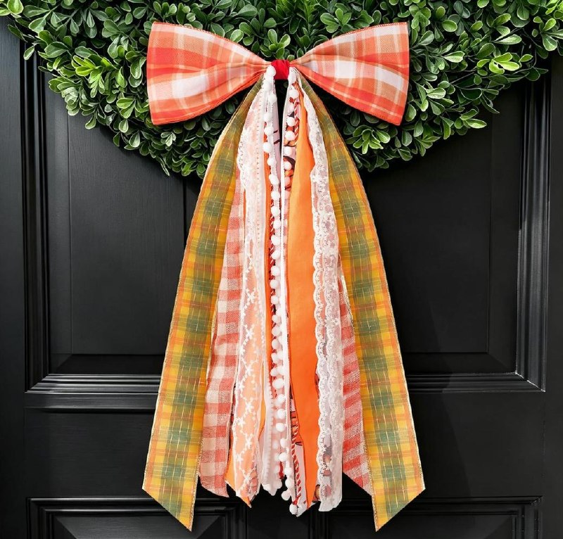 A large autumn harvest wreath bow in warm fall colors with plaid and burlap ribbon featured in our Wednesday Deals.