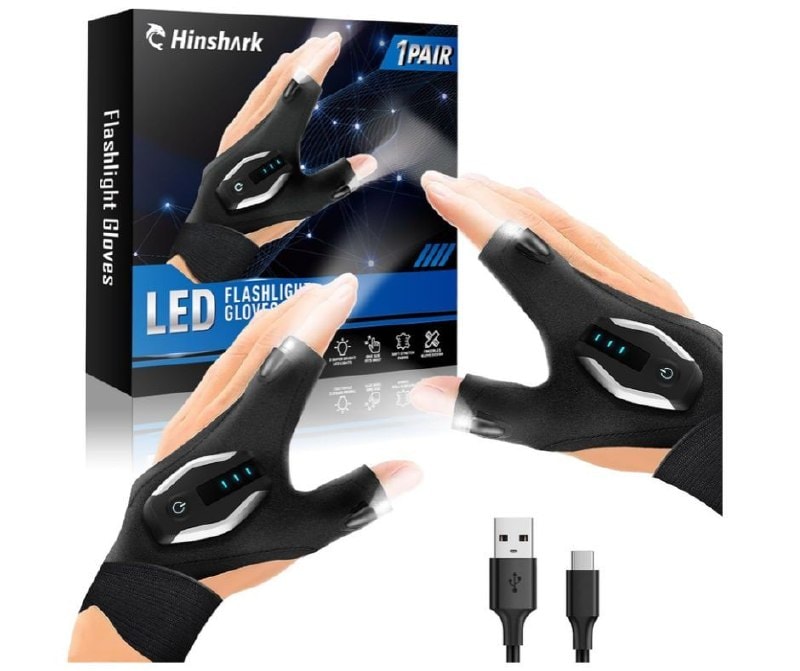 Pair of black LED flashlight gloves with built-in fingertip lights for hands-free repairs and camping, featured in our Friday Deals.
