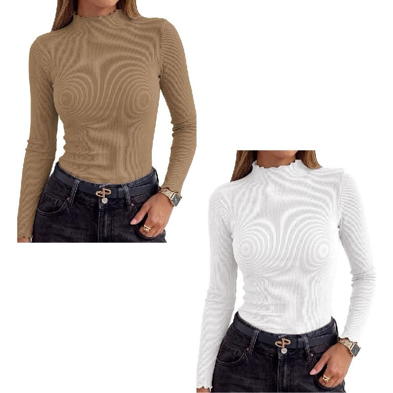 A fitted women's long sleeve mock neck top with a ruffled lettuce trim edge, featured in our Tuesday Deals.