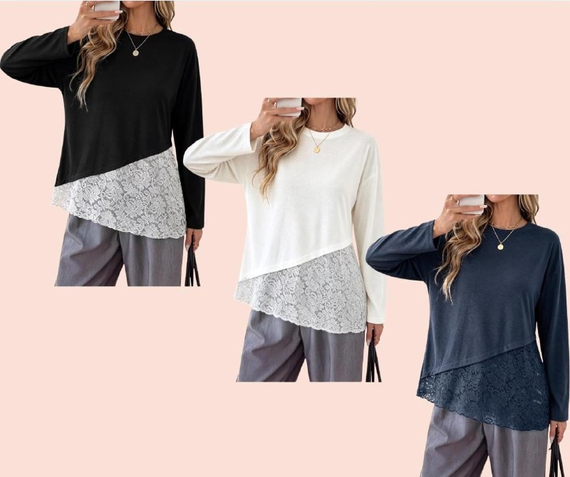 A women's long sleeve lace top with delicate lace detailing, featured in our Thursday Deals.