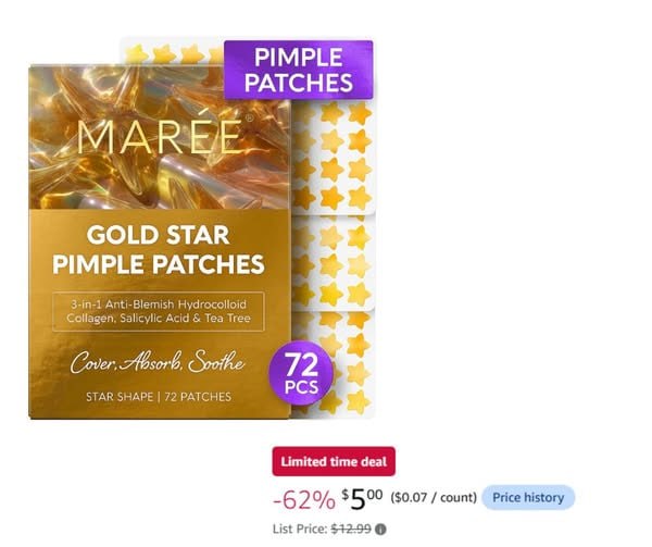 A pack of gold star-shaped Maree pimple patches for blemish care, featured in our Monday Deals.