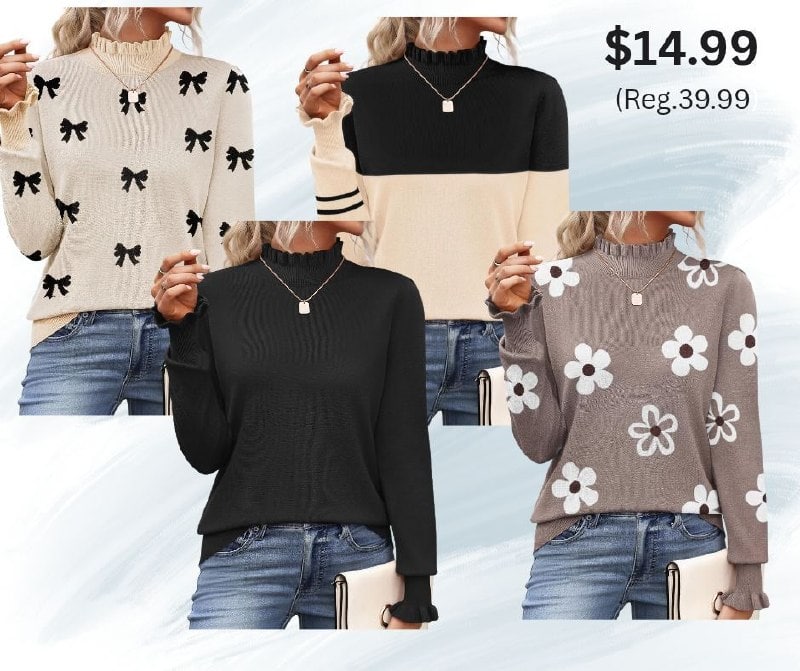 A women's mock neck knit sweater with feminine ruffle cuffs, a dressy cozy layer for fall featured in our Monday Deals.