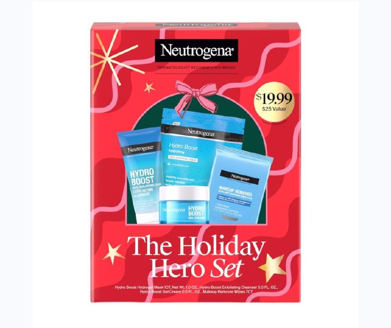 A festive four-piece Neutrogena Holiday Hero skincare gift set in holiday packaging, featured in our Monday Deals.