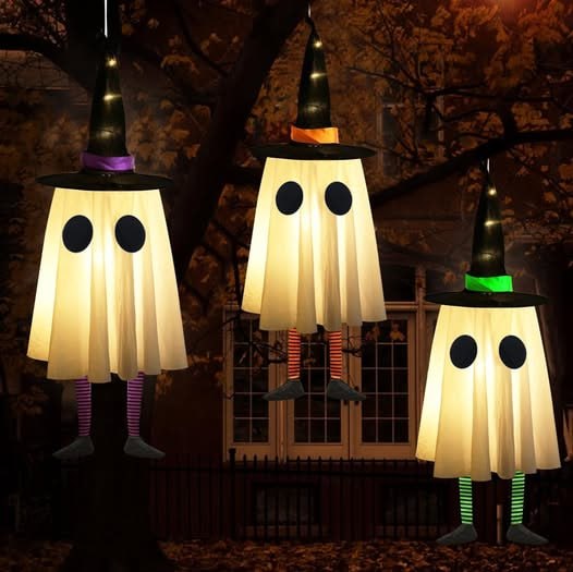 Hanging ghost decorations for outdoor Halloween yard and porch decor, featured in our Friday Deals.