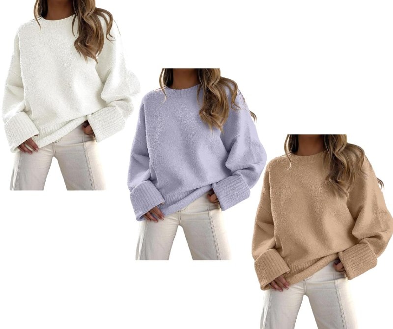 A woman wearing an oversized cozy knit sweater for fall, featured in our Thursday Deals.