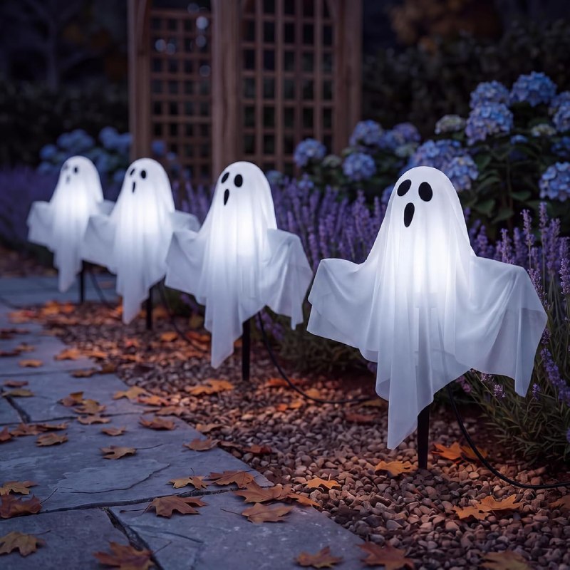 A set of light-up ghost pathway stakes for outdoor Halloween decor, featured in our Thursday Deals.