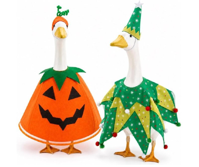 Set of seasonal Halloween and Christmas costume outfits for dressing up a porch goose statue, featured in our Friday Deals.