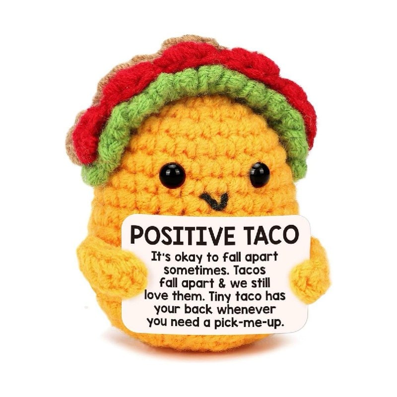 Cute handmade-style crochet taco plush with a positive message, a fun little gift, featured in our Friday Deals.