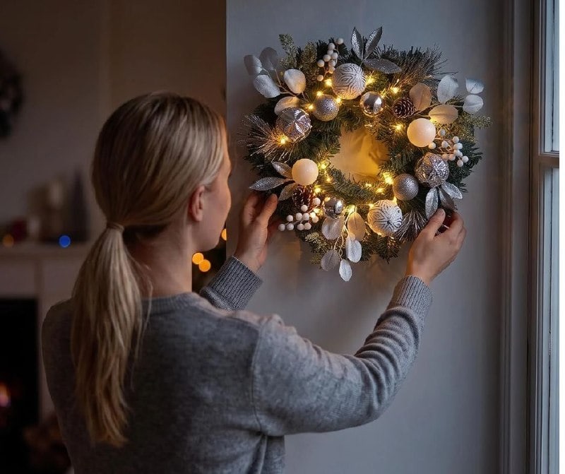 A 20 inch pre-lit Christmas wreath for holiday door decor, featured in our Tuesday Deals.
