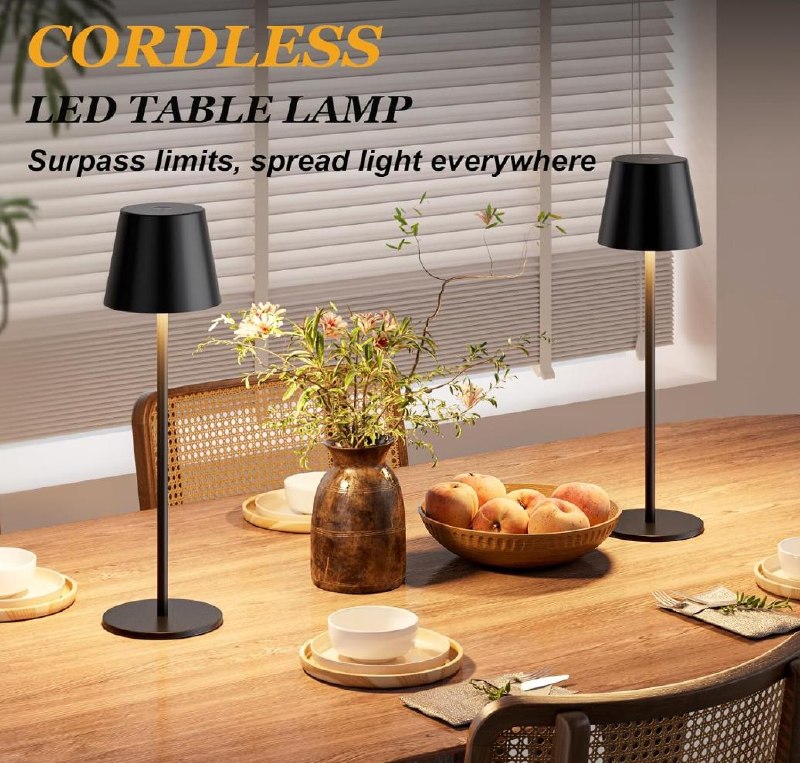 A set of cordless rechargeable table lamps glowing on a tabletop, featured in our Friday Deals.