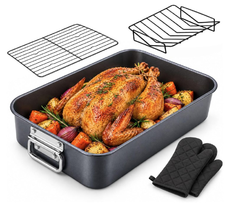A stainless steel roasting pan with a rack and handles, ready for a Thanksgiving turkey featured in our Wednesday Deals.