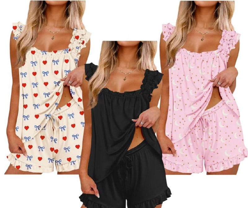 Women's two-piece pajama set with soft ruffle trim for cozy lounging, featured in our Friday Deals.
