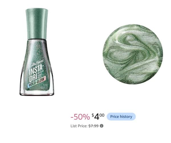 A bottle of Sally Hansen Insta-Dri Holo Glow nail polish with a shimmering holographic finish, featured in our Wednesday Deals.