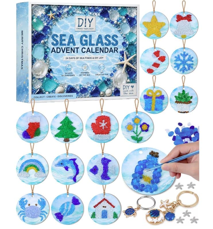 A sea glass DIY advent calendar craft kit for counting down to Christmas, featured in our Wednesday Deals.