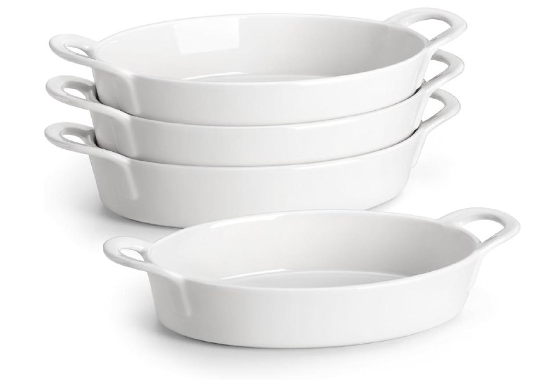 Set of four ceramic casserole baking dishes in assorted sizes for oven-to-table serving, featured in our Friday Deals.