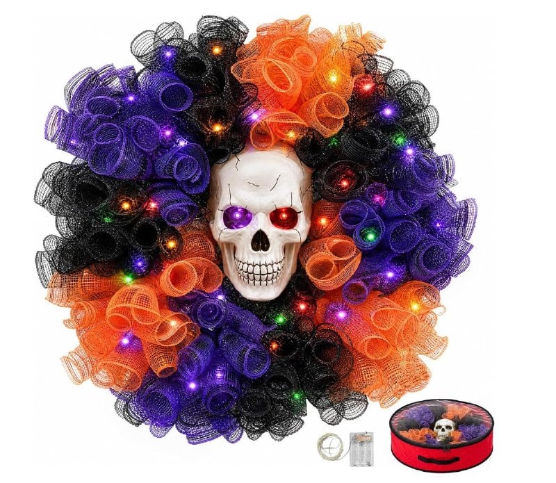 Spooky skeleton wreath for hanging on a front door as Halloween decor, featured in our Friday Deals.